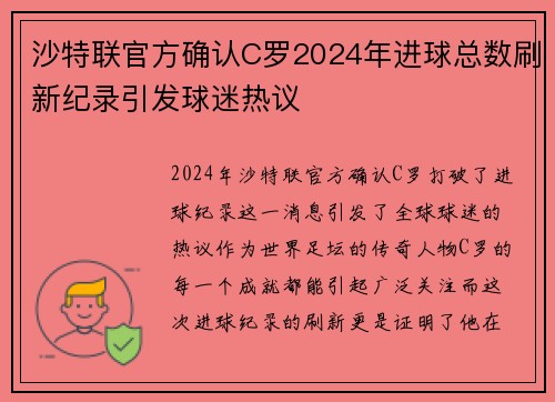 沙特联官方确认C罗2024年进球总数刷新纪录引发球迷热议