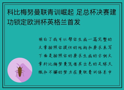 科比梅努曼联青训崛起 足总杯决赛建功锁定欧洲杯英格兰首发