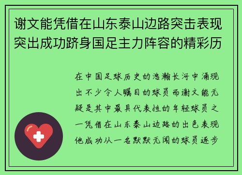 谢文能凭借在山东泰山边路突击表现突出成功跻身国足主力阵容的精彩历程